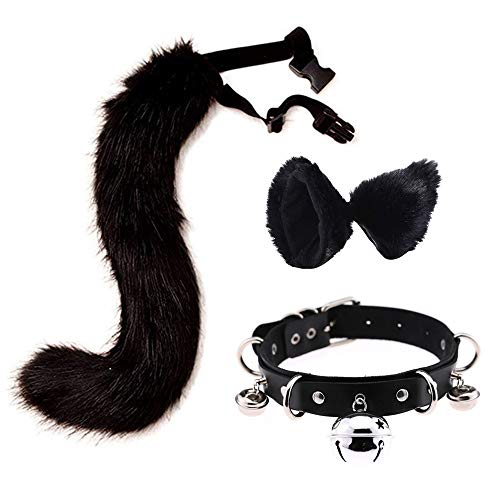 LittleLuluda Kunstfell Katzenohren Haarspange Pelz Wolf Fuchs Langer Schwanz Kostüm Halloween Party Hals Chocker Cosplay Set (Schwarz) von LittleLuluda