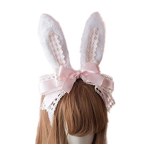 LittleLuluda Ostern Party Haarschmuck Stirnband Gothic Lolita Cosplay Niedliche Hasenohren Schleife Spitze Haarband Kopfbedeckung (Rosa) von LittleLuluda