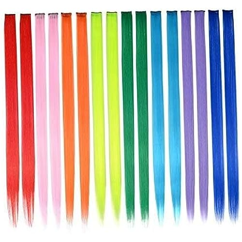 Buntes Clip in Haarverlängerung, Regenbogenhaarstück für Mädchen Prinzessin Party Highlight farbig gerade Haarextensionen Clip in Kostümen Haarstück für Mädchen, 20 Zoll 16 PCs 8 Farben, Halloween von Liummrcy