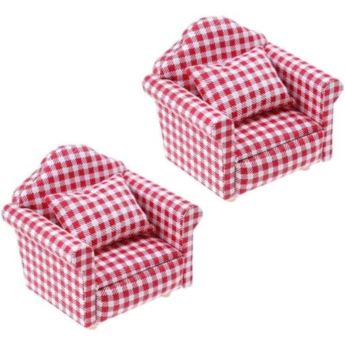 Liummrcy Dollhouse Sofa Sessel mit Kissen, Mini Dolls House Möbel Couch & Stuhl Miniatur Holzmöbel Handwerk liefert rot Karierte Puppenhaus -Spielzeugpuppenhauszubehör, 2 PCs, Spielzeug. von Liummrcy