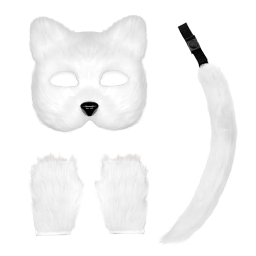 Fox Maske und Schwanz mit Fox Paws Realistische personalisierte plüschflauschige Wolf Kostüm für Frauen dekoratives Therian pelziges Kostüm für Cosplay -Party Halloween Masquerade (weiß), Halloween von Liummrcy