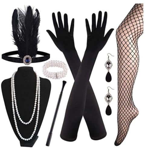 Liummrcy 7 Stücke 1920er Flapper Great Accessoires Set Fashion Roaring 20's Theme Set mit Stirnband Kopfstücke Lange Schwarze Handschuhe Halskette Ohrringe für Frauen, Halloween von Liummrcy