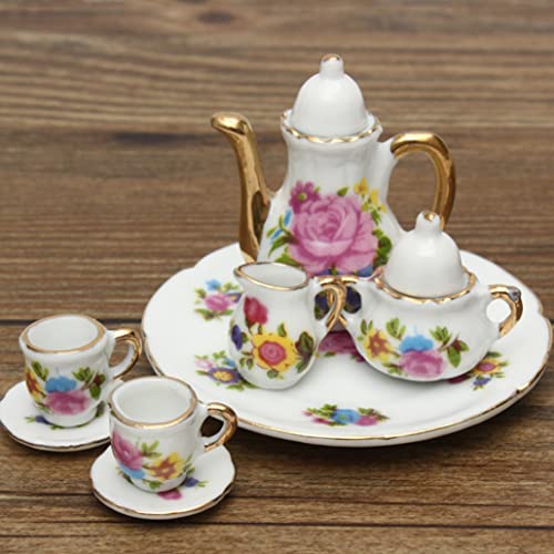 Liummrcy Dollhouse Möbel, 8 Stück 1:12 Miniatur Keramik Tee Tasse Set Porzellan Tee Set Blütendruck mit Goldener Trimmpuppenhaus Küchenzubehör von Liummrcy