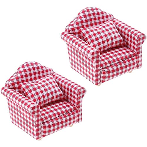 Liummrcy Dollhouse Möbel, Puppenhaus Sofa Sessel mit Kissen, Mini Puppen Hausmöbel Couch & Stuhl Miniatur Red Checked Dollhouse Toy Dollhouse Accessoires, 2 PCs von Liummrcy