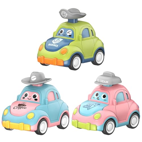 Liummrcy Drücken Sie und Go Cars 3PCS süßer Ausdruck Kleinkindautospielzeug mit flippiger Motordeckel, lebendiger Trägheit, Trägheit Cartoon Toy Cars Geschenke für Kinder, Style 2, Spielzeug. von Liummrcy