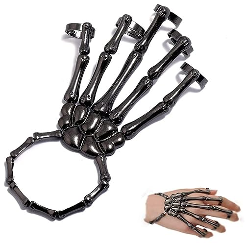 Liummrcy Gothic Skull Armband mit Fingerringen übertreiben Skelett Handgurt Slave Armband Punk Ghost Claw Ornamente Finger Skeleton Accessoires für Festival -Cosplay -Kostüm, Halloween von Liummrcy