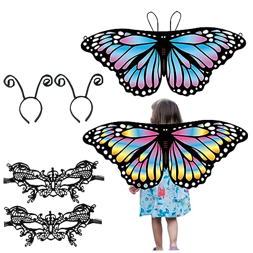 Liummrcy Halloween Capes Flügel für Kinder, Kinder Schmetterlingsflügel, 6pcs Märchenflügel mit Maske und Antennen Stirnbändern Schmetterlingsschalkostüm, Halloween Geburtstagsfeier Dress up von Liummrcy