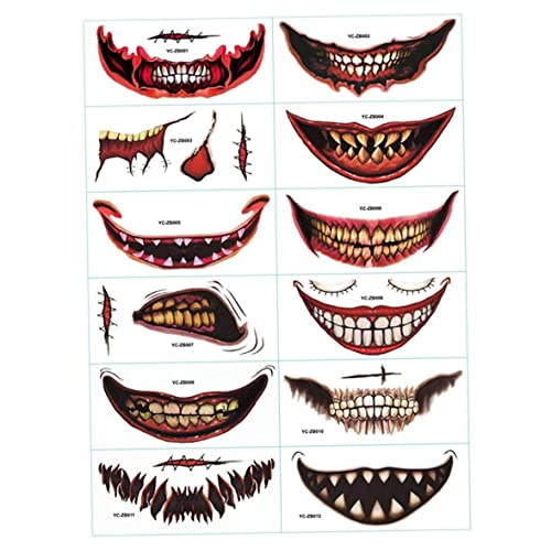 Liummrcy Halloween Face Tattoos 12pcs Temporäres Gesicht Tattoos Clown Horror Mund Tattoo Aufkleber Tag der Toten Toten Narben -Tätowierungen Face Decals für Cosplay -Party -Dekor, Halloween von Liummrcy