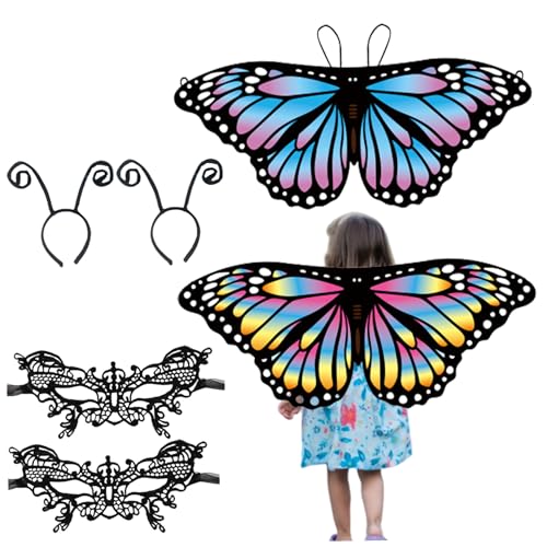 Liummrcy Kinder Schmetterling Flügel 6pcs Märchen Schmetterlingsflügel mit Maske und Antennenstirnbändern Schmetterlingsschalkostüm für Mädchen Halloween Geburtstagsfeier, Halloween von Liummrcy