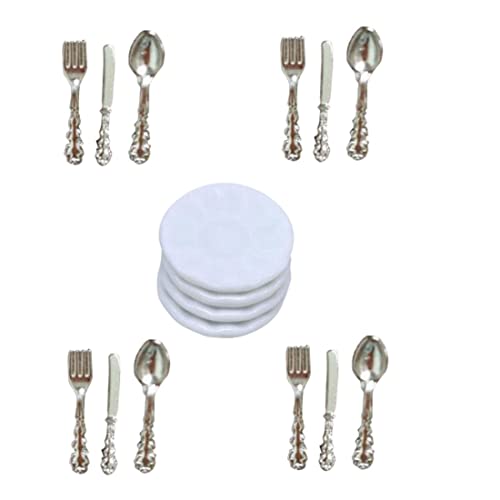 Liummrcy Mini Küche, Miniaturplatten Set Dollhouse Mini Porzellanplatte mit Slicer -Gabeln Spoons Puppenhauszubehör Silber von Liummrcy