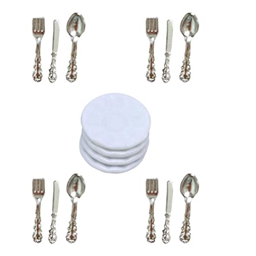 Liummrcy Weihnachtsdekorationen, Miniaturplatten Set Dollhouse Mini Porzellanplatte mit Slicer Forks Spoons Dollhouse Accessoires Silber von Liummrcy