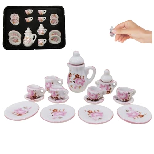 Liummrcy Winziger Tee -Set, 15 Prozent 1:12 Miniatur -Tee -Set, Porzellan Mini Tea Tassen, Teekanne, Teller Rosenmuster Dollhouse -Tee -Set für Doll House Kitchen Style 3, Spielzeug. von Liummrcy