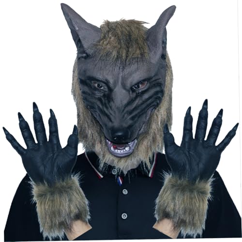 Liummrcy Wolf Head Mask Halloween Scary Full Face Werwolf Maske mit Handschuhen für Halloween und Cosplay -Kostümparty Horror Nights Black 1PC, Halloween von Liummrcy