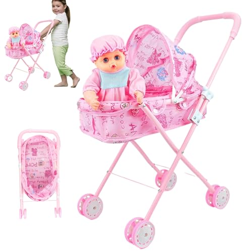 Puppenjogging -Kinderwagen, Puppenwagen mit Puppe, faltbarer tragbarer Babypuppenwagen, niedliche Möglichkeit, Babypuppe mit großen Augen und Kleidung, Puppenwagen mit verstellbarem Baldachin von Liummrcy