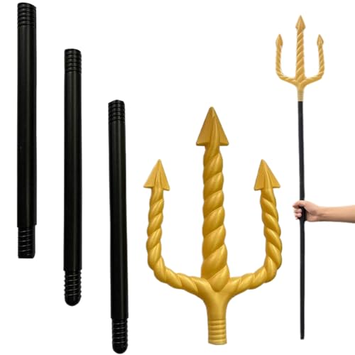 Trident 47 in Long Golden Trident Speer für Kinder, Erwachsene Dekorative Halloween Devil Pitchfork Trident Speer mit 3 Abschnitten Schwarze Stangen Cosplay Toy Trident Requisite für Meere, Teufel, M von Liummrcy