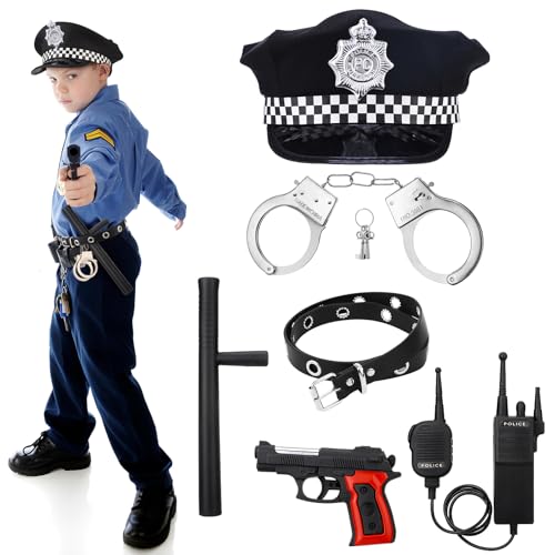 Livdouyu Polizei Kostüm Kinder, 6 Stück Polizeikostüm mit Walkie-Talkies, Handschellen, Schlagstöcke, Hüte, Hüftgürtel, Rollenspiel Kit für Jungen Mädchen Karneval von Livdouyu