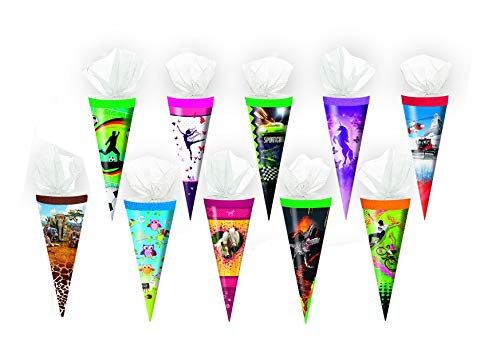 10x Schultüte / Zuckertüte / 25cm / mit Tüllverschluß / 10 verschiedene Motive von Livepac Office