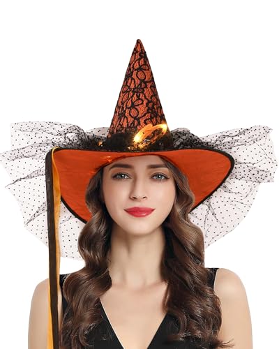 Livofloral Karneval Hexenhut mit Lichtern, Federn Spinnen Hexen Hut Dekoration für Karneval Halloween Kostüm, Party Hexe Kostüm, Mardi Gras, Cosplay, Maskerade (Orange) von Livofloral