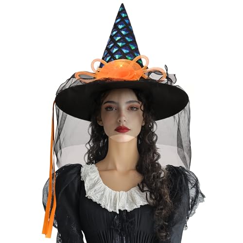 Livofloral Karneval Hexenhut mit Lichtern, Hexen Hut mit Bändern Spinnen Dekoration für Karneval Halloween Kostüm, Party Hexe Kostüm, Mardi Gras, Cosplay, Maskerade (Seeblau und Orange) von Livofloral