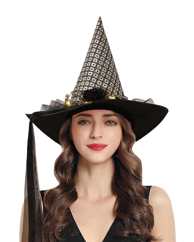 Livofloral Karneval Hexenhut mit Lichtern, Schwarz Hexen Hut mit Bändern Spinnen Dekoration für Karneval Halloween Kostüm, Party Hexe Kostüm, Mardi Gras, Cosplay, Maskerade (Schwarz Silber) von Livofloral