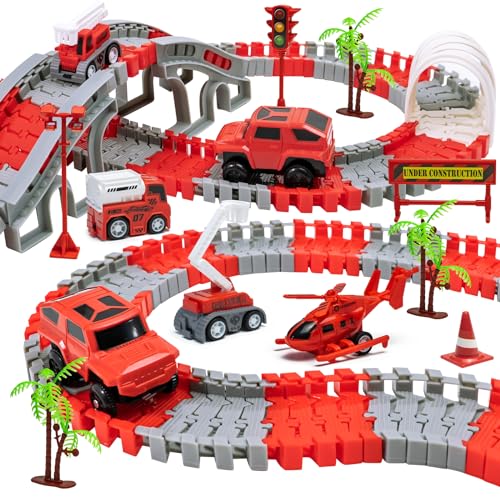 Lixiin 305pcs Autorennbahn Rennbahn, 6 Cars Bagger Spielzeug, Spielzeugautos Autobahn ab 3 4 5 6 Jahre Junge Mädchen, Flexible Track Kran Spiele, Elektroauto für Kinder Geschenk (Rot) von Lixiin