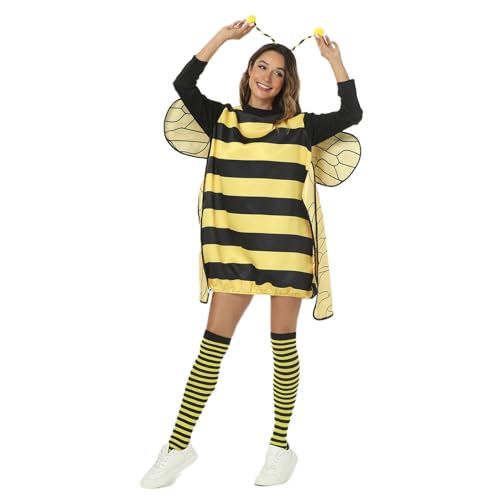 Lizxun Bienenkostüm für Damen, Hallween-Cosplay-Outfits, langärmelig, gestreift, Patchwork, Bienenkostüm mit kniehohen Socken und Haarreifen (Gelb, L) von Lizxun