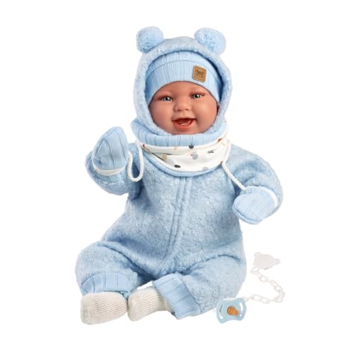 Llorens 1018479 Babypuppe Talo, mit blauen Augen und weichem Körper, Baby Puppe inkl. flauschigem blauem Winter-Outfit, Schnuller, Schnullerkette, 44 cm von Llorens