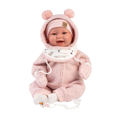 Llorens 1018480 Babypuppe Tala, mit braunen Augen und weichem Körper, Baby Puppe inkl. flauschigem rosa Winter-Outfit, Schnuller, Schnullerkette, 44 cm von Llorens