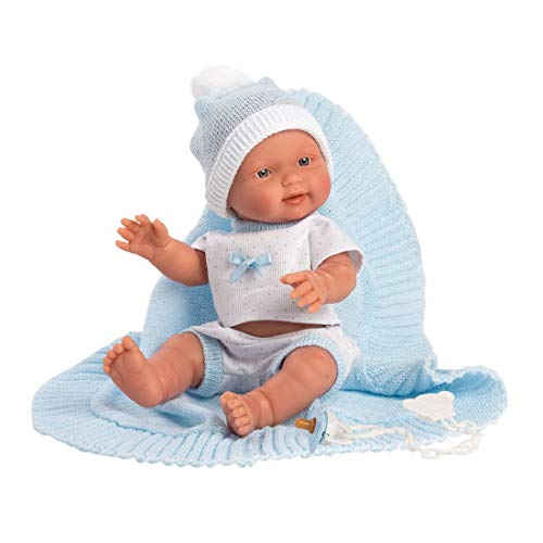 Llorens 1026305 Puppenjunge Bebito Azul mit blauen Augen und Vinylkörper, Babypuppe in weißem Outfit, inklusive Schmusedecke und Schnuller, 26cm von Llorens