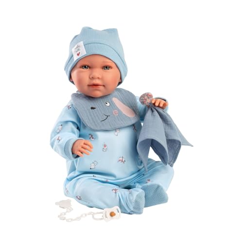 Llorens 1027420 Babypuppe Mimi, mit blauen Augen und weichem Körper, Baby Puppe inkl. Hündchen-Outfit, Schnuller, Schnullerkette und Schnuffeltuch, 42 cm von Llorens