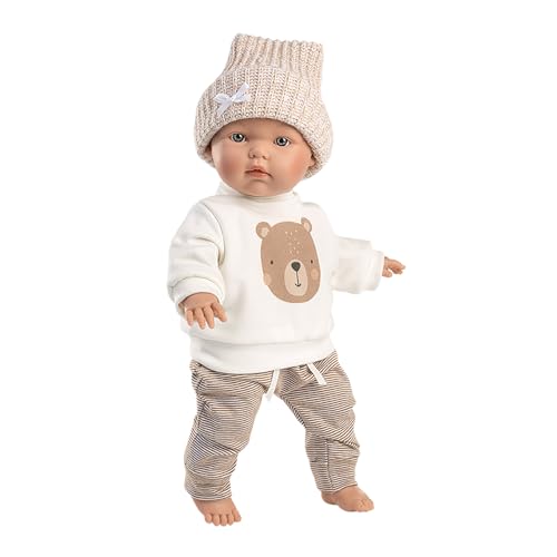 Llorens 1035002 Puppe Hayley, mit blauen Augen und weichem Körper, Babypuppe inkl. Sweatshirt mit Bärenmotiv, brauner Hose und Mütze, 35cm, Braun von Llorens