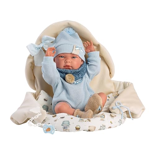 Llorens 1073885 Puppe Nico mit blauen Augen, Babypuppe mit Vinyl Körper, Puppenjunge inkl. Kuschelsack, 40 cm von Llorens