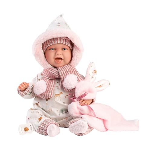 Llorens 1074030 Puppe Mimi Hase, mit blauen Augen und mit weichem Körper, Babypuppe inkl. Outfit, Schnuller, Schnullerkette und weicher Decke mit Waldtiermotiven, 42cm, Weiß von Llorens