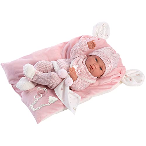 Llorens 73860 Puppe Nica, mit blauen Augen und Vinyl-Körper, Babypuppe inkl. rosa Outfit, Schmusedecke, Schnuller, Schnullerkette und weichem Kissen, 42cm von Llorens