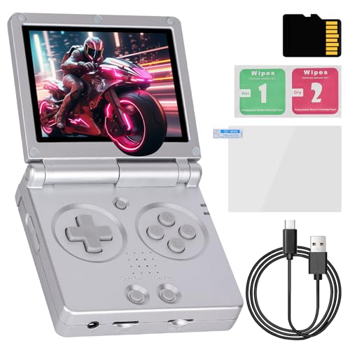 RG35XXSP Flip-Handheld Spielekonsole, 3,5-Zoll IPS Bildschirm, Linux-System, Integrierte 64 GB TF-Karte, 5500 + Klassische Spiele, mit 3300 mAh Akku, Unterstützung 5G WiFi, Bluetooth 4.2(Silber) von LncBoc