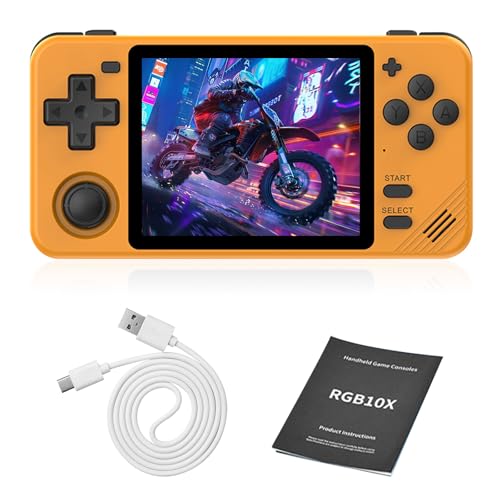 RGB10X Handheld-Spielekonsole, 8,9 cm (3,5 Zoll), IPS-Bildschirm-System, tragbar, Retro-Handheld-Spielekonsolen, integrierte 10.000+ klassische Handheld-Spiele, 64 G TF-Karte (Orange) von LncBoc