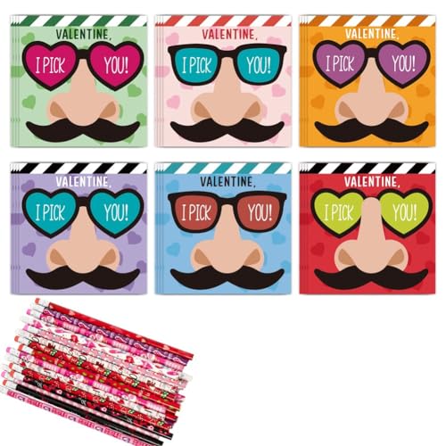 Lnfxkvva Lustiges Valentinstagsgeschenk-Set für Kinder – 24 Valentinstagskarten und 24 Bleistifte Set – I Pick You Schnurrbartbrille von Lnfxkvva