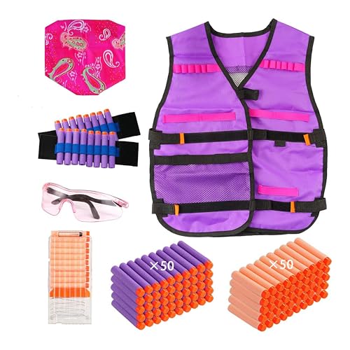 Locisne Tactical Vest für Mädchen, Tactical Vest Kit mit 100 Nachfüllkugeln, 2 Armbändern, 1 Schalmaske, 1 Schutzbrille, 1 Dart Reload Clip für N-strike Elite Series von Locisne