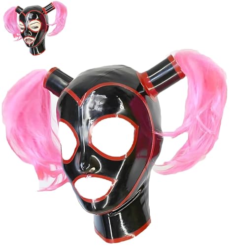 Lodnexem Schwarz,XS, Halloween Party Cosplay Latex Maske Rosa Haare, SM Latex Gummi Masken Halloween Party Abschlussball Kopfmaske Masken Latex Body Masken Latex von Lodnexem