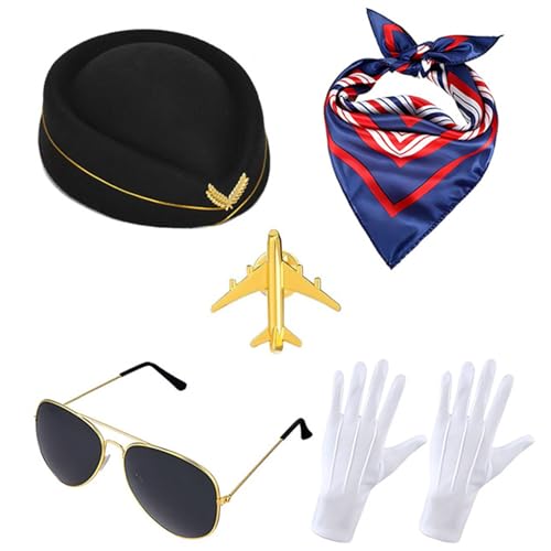 Lodoot Airline Captain Kostüm Make Up Set Stewardesses Make Up Hut Bequeme Stoffuniform für Thema Event Urlaub Party Kapitän Flugbegleiter Rollenspiel Kostüm Cosplay Requisiten von Lodoot