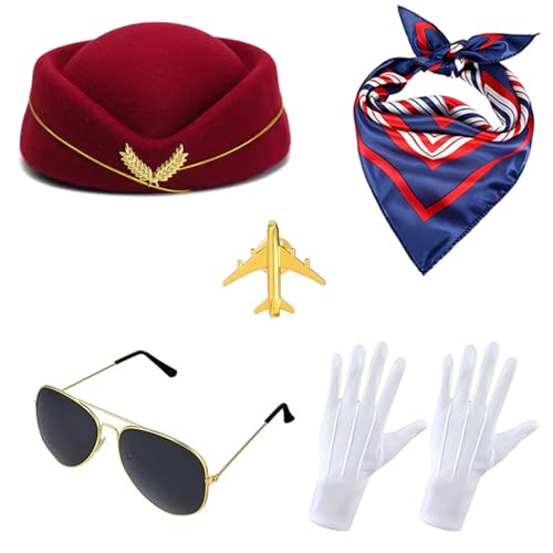 Lodoot Airline Captain Kostüm Make Up Set Stewardesses Make Up Hut Bequeme Stoffuniform für Thema Event Urlaub Party Kapitän Flugbegleiter Rollenspiel Kostüm Cosplay Requisiten von Lodoot