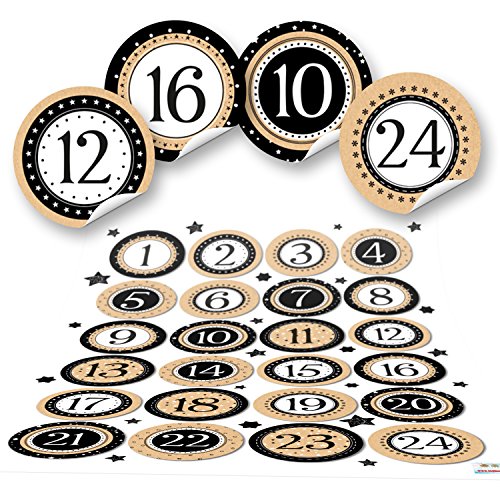 Logbuch-Verlag 1-24 Adventskalender Zahlen Aufkleber 4 cm Kalender Weihnachten Sticker zum Basteln schwarz weiß beige - Diy Adventkalender von Logbuch-Verlag