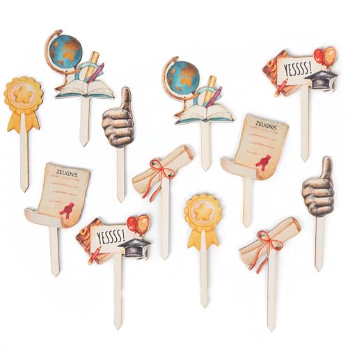 Logbuch-Verlag 12 Muffinstecker Schulabschluss Abitur Zeugnisvergabe Cupcake Topper Holzstecker Schule Prüfung bestanden 10 cm von Logbuch-Verlag