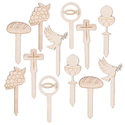 Logbuch-Verlag 12 kleine Caketopper Muffin Kuchen Holzstecker für Taufe Kommunion Konfirmation Tortendeko Kuchendeko christliche Symbole 10 cm von Logbuch-Verlag