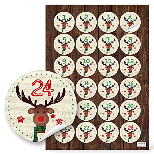 Logbuch-Verlag 24 Adventskalender Zahlen Sticker 1-24 Kinder Adventskalender selber basteln Rentier-Motiv von Logbuch-Verlag