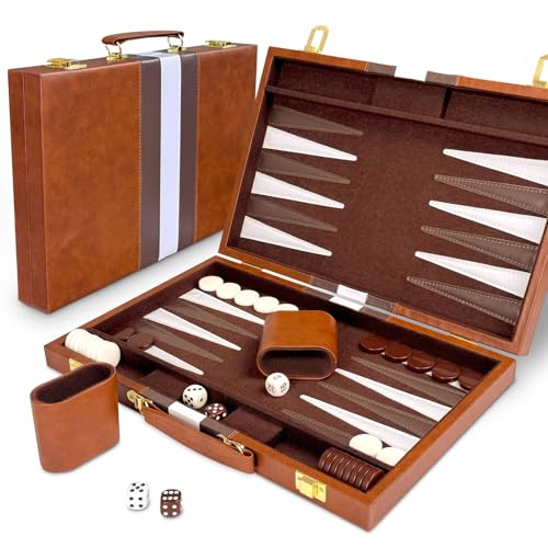 Lohofrnny Backgammon Set, 15" Klassisches Backgammon Koffer, 2 Spieler Brettspiel Tragbares Reise Strategie Spiel Set für Erwachsene Kinder (15 Zoll, Braun) von Lohofrnny