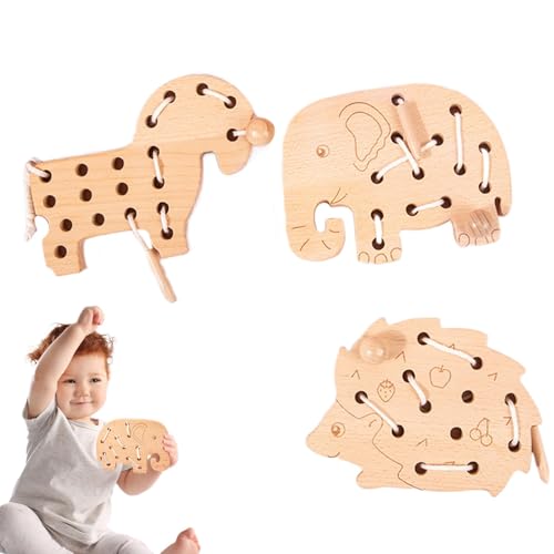 Lokaquk Kids Lacing Toy, Wooden Shape Lacing Toys - Kids Threading Toy Set of 3 Lace Block Puzzles - Engaging Educational Activity for Developing Fine Motor Skills with Rope von Lokaquk