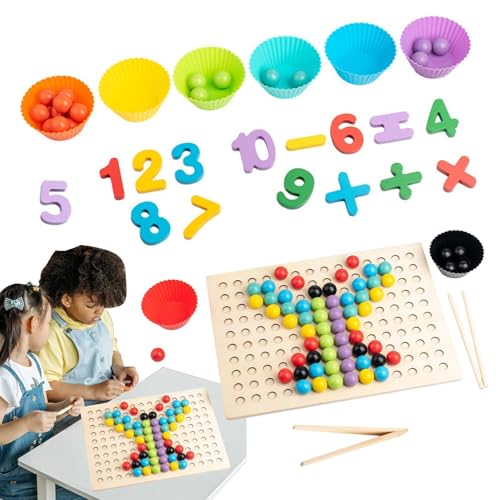 Lokaquk Rainbow Peg Board Bead Game, Wooden Board Bead Game, Marble Game Board Wooden - Wooden Board Bead Game Peg Board Clip Beads Game with Matching Bowl and Tweezers for Kindergarten, School, Home von Lokaquk