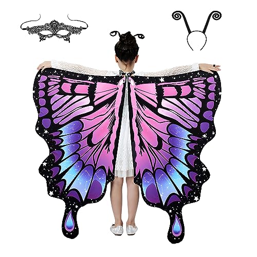Lollanda Schmetterling Flügel Kostüm für Kinder Halloween-Schmetterlings-Schal, Schmetterling Sling Umhang mit Schmetterlingstentakel Stirnbnder, für Mädchen, Maskerade-Party-Requisiten von Lollanda