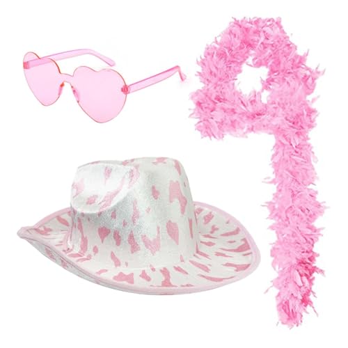 Cowboy Hut Pinker Hüte Cowboy Hut Glitzer Federboa Rosa Federschal Weißer Cowboyhut Federboa Und Herzförmiger Sonnenbrille Dreiteiliges Set Für Karnevalsfeiertage Und Partyausflüge von Lomelomme